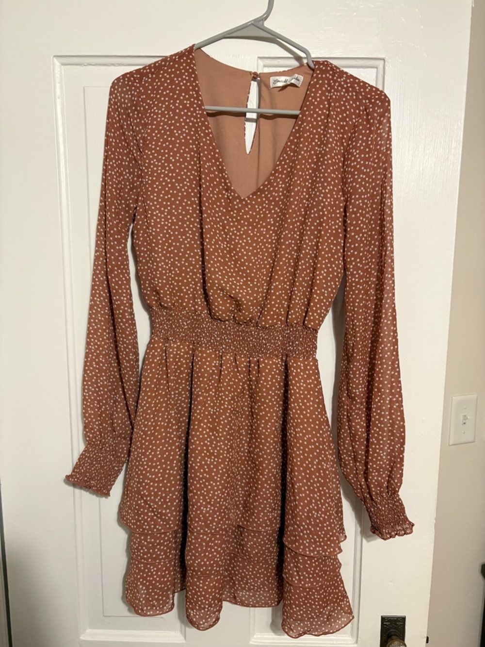 Emerald Sundae Rust Polka Dot Long-Sleeve Smocked Waist Dress